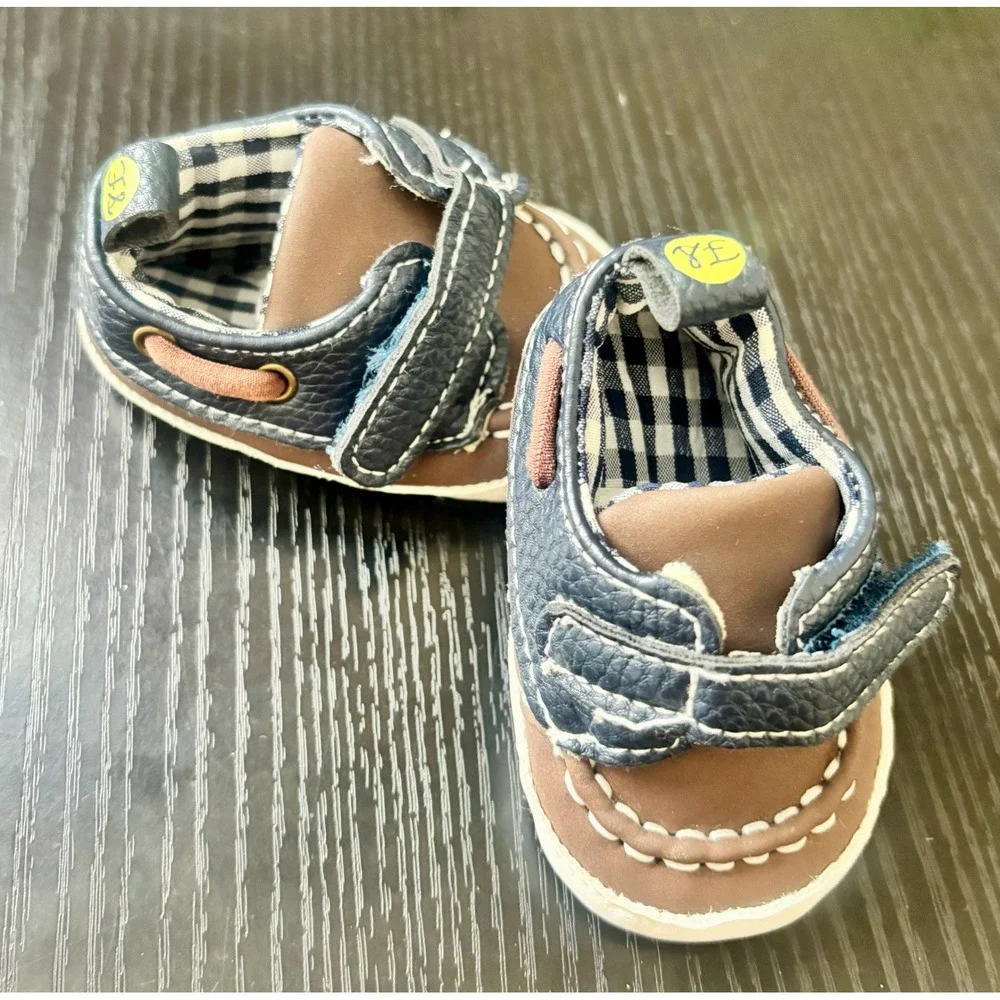 First Steps Baby Boy Navy Brown Boat Shoe Crib Shoes Size 0-3M TBD33591-I